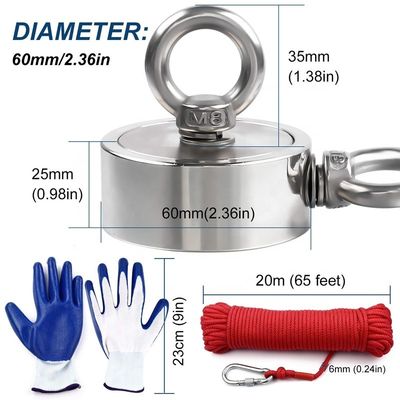 Anello di sollevamento doppio personalizzato 400 kg Magnete da pesca a doppio lato Neodimio per l'imballaggio della cassa utensili